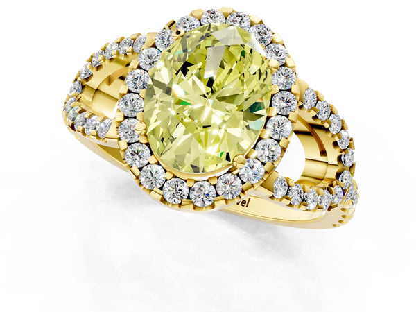Yellow Gold Oval Split Shank Pave Halo Engagement Ring Setting for Fancy Yellow Center