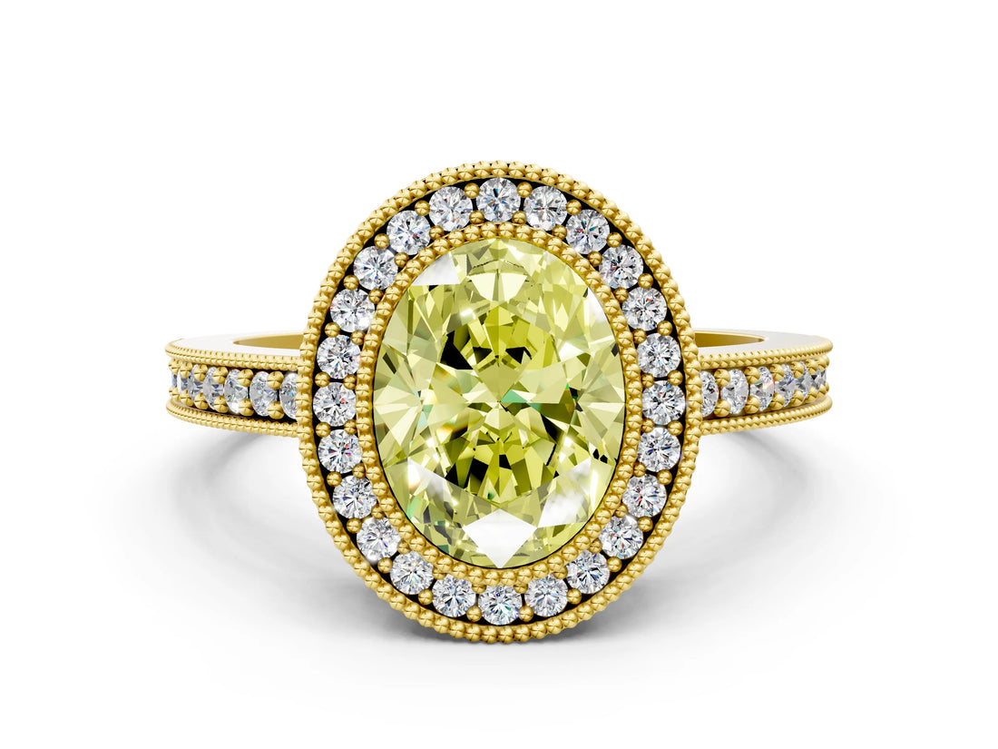 Yellow gold Fancy Yellow Oval Cut-Cut Diamond Halo Engagement Ring with Pave Band and Prong Setting