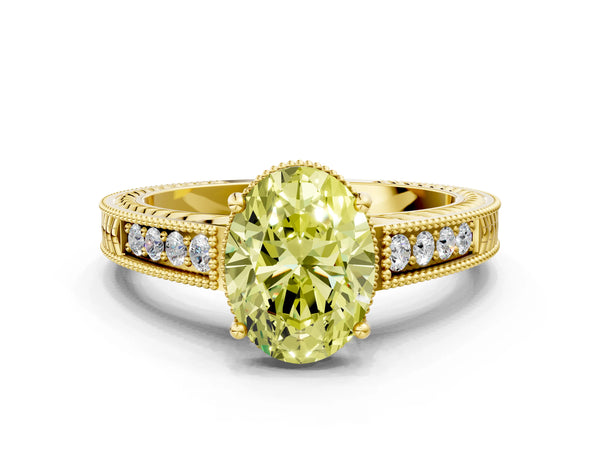 Yellow gold Fancy Yellow Oval Cut Cut Diamond Milgrain Pave Band Four-Prong Setting Ring