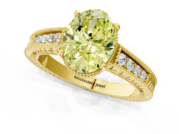 Yellow gold Fancy Yellow Oval Cut Cut Diamond Milgrain Pave Band Four-Prong Setting Ring