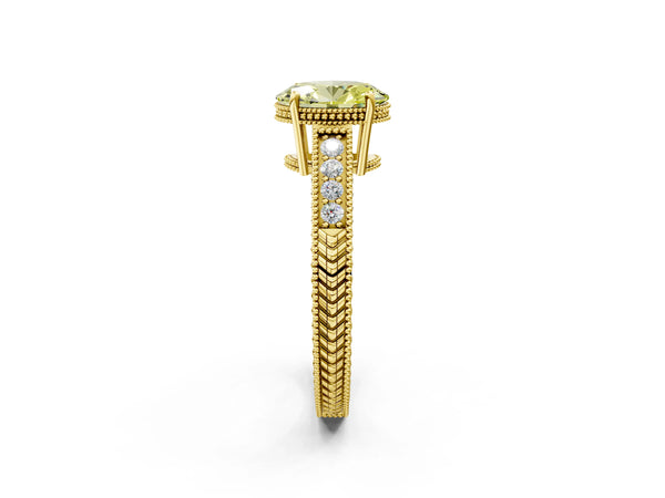 Yellow gold Fancy Yellow Oval Cut Cut Diamond Milgrain Pave Band Four-Prong Setting Ring