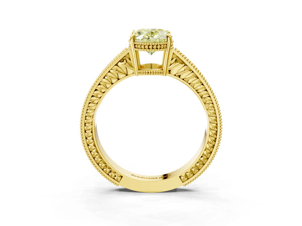 Yellow gold Fancy Yellow Oval Cut Cut Diamond Milgrain Pave Band Four-Prong Setting Ring