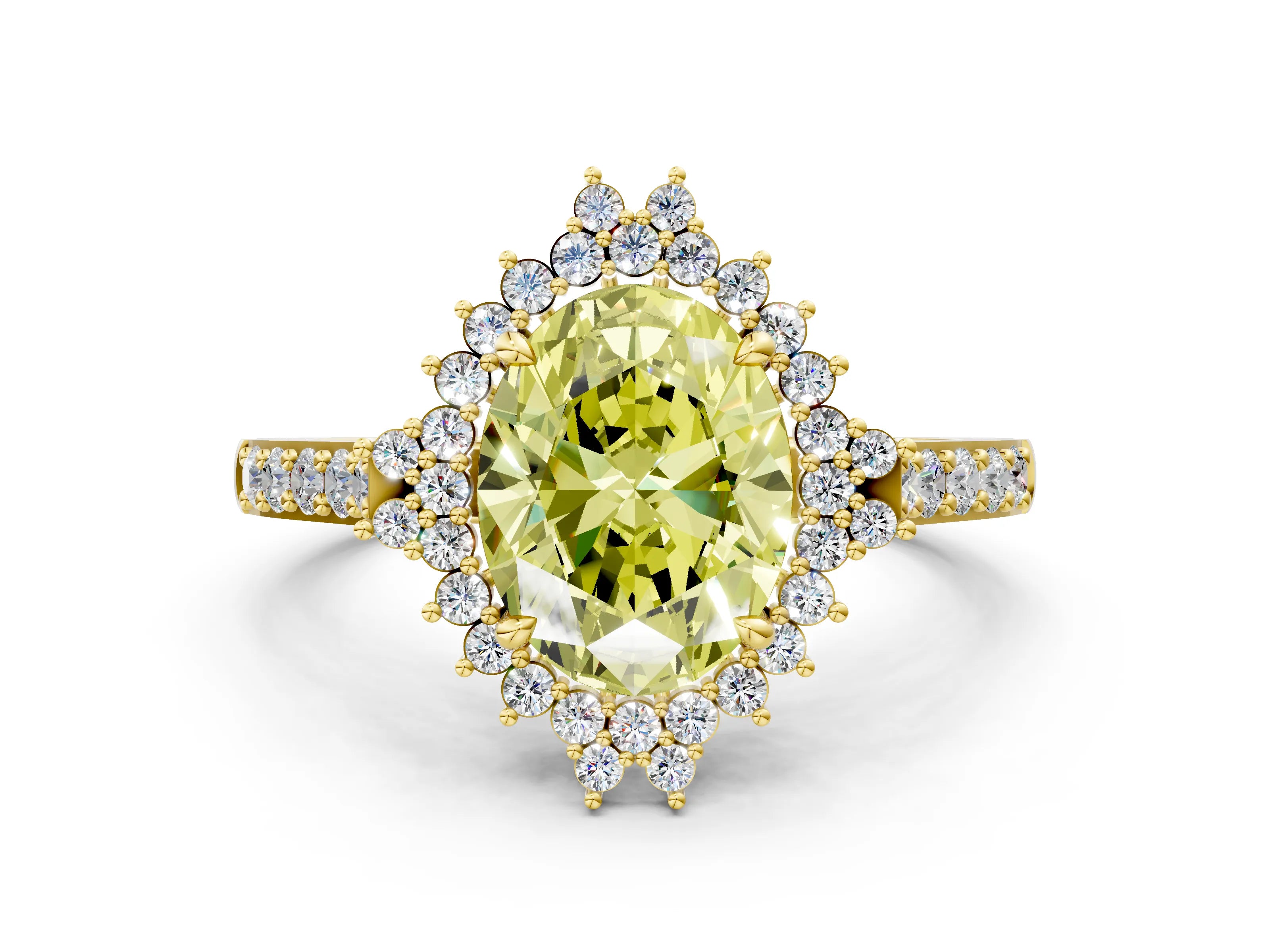 Yellow gold Fancy Yellow Oval Cut Cut Diamond Sunburst Halo Engagement Ring with Pavé Band