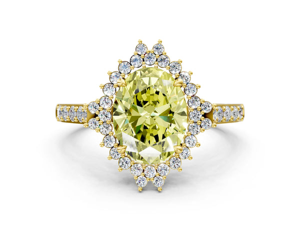 Yellow gold Fancy Yellow Oval Cut Cut Diamond Sunburst Halo Engagement Ring with Pavé Band