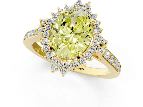 Yellow gold Fancy Yellow Oval Cut Cut Diamond Sunburst Halo Engagement Ring with Pavé Band
