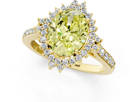 Yellow gold Fancy Yellow Oval Cut Cut Diamond Sunburst Halo Engagement Ring with Pavé Band_1