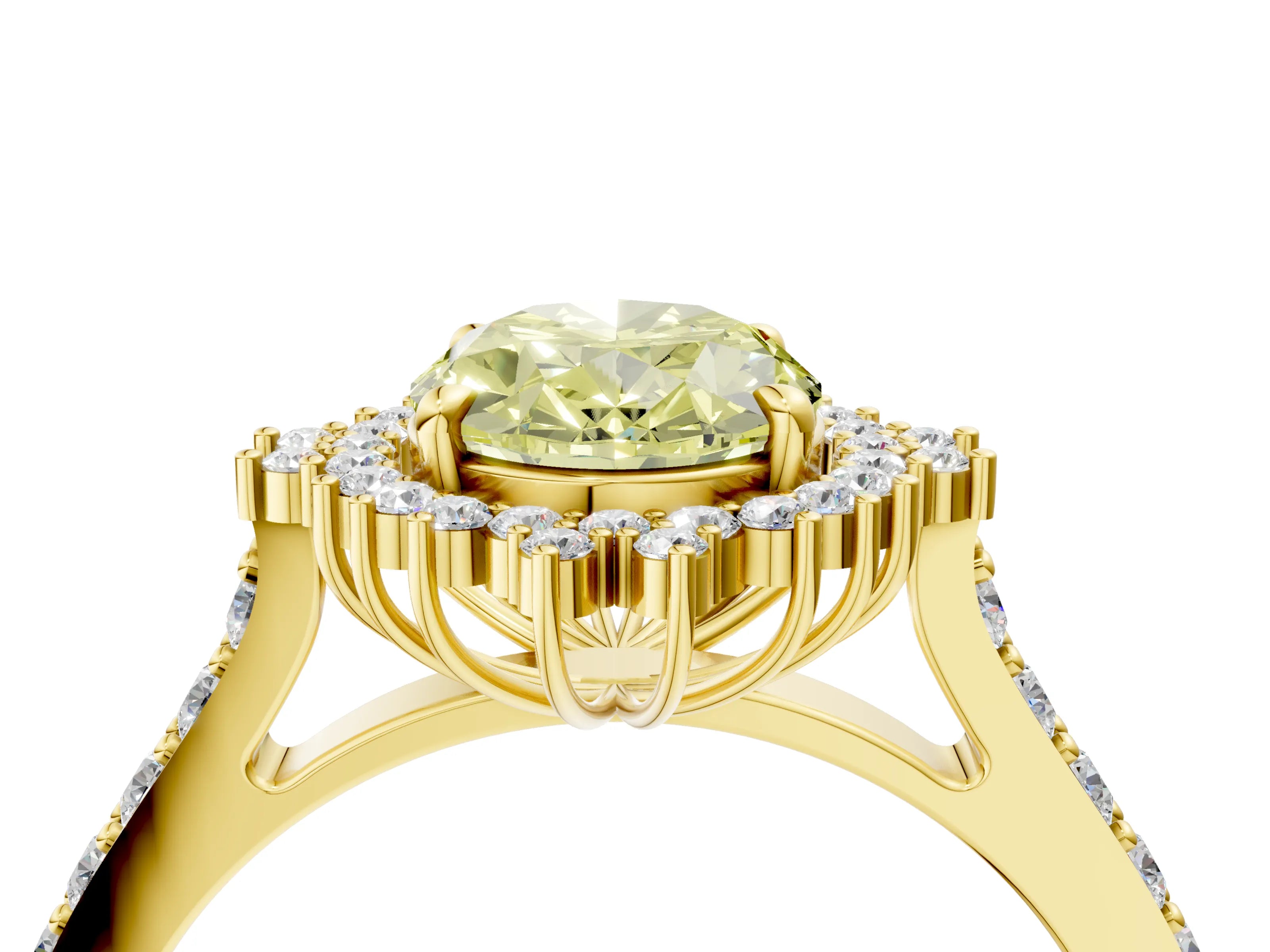 Yellow gold Fancy Yellow Oval Cut Cut Diamond Sunburst Halo Engagement Ring with Pavé Band_4