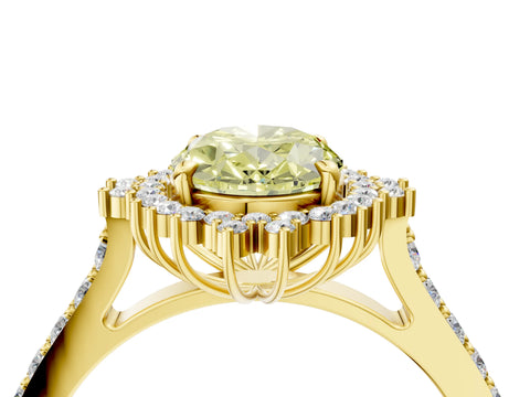 Yellow gold Fancy Yellow Oval Cut Cut Diamond Sunburst Halo Engagement Ring with Pavé Band_4