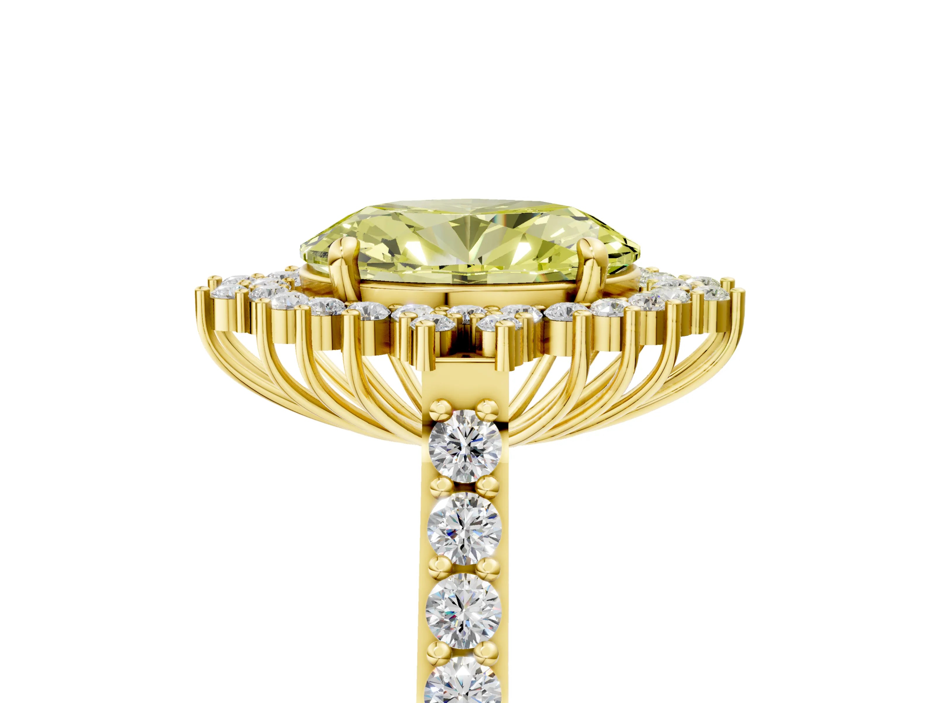 Yellow gold Fancy Yellow Oval Cut Cut Diamond Sunburst Halo Engagement Ring with Pavé Band_5