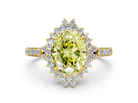 Yellow gold Fancy Yellow Oval Cut Cut Diamond Sunburst Halo Engagement Ring with Pavé Band