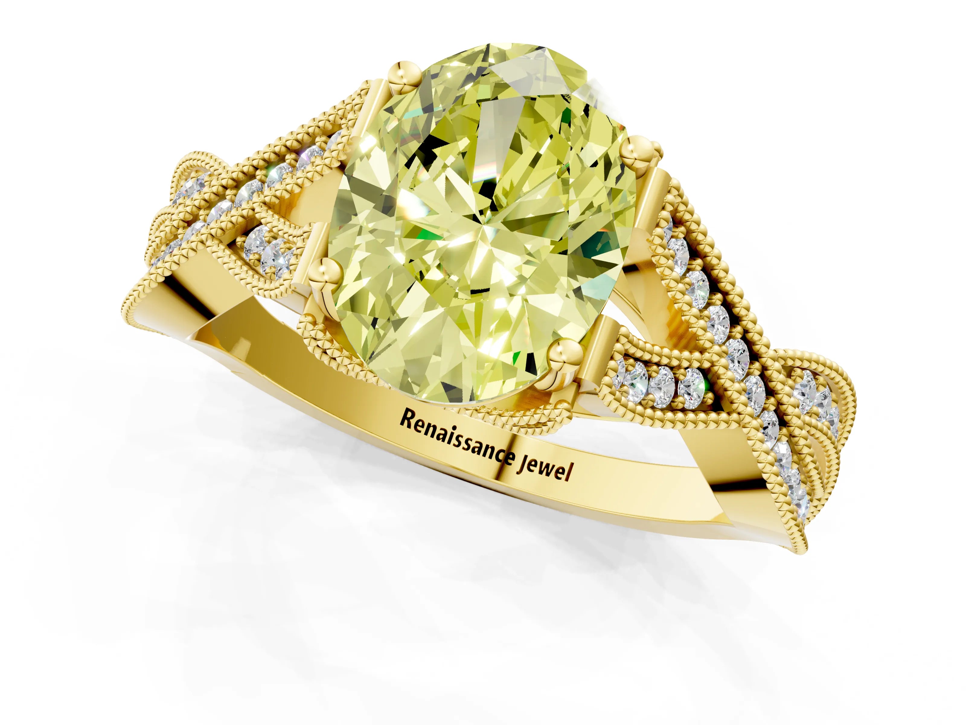 Yellow gold Fancy Yellow Oval Cut Cut Diamond Twisted Band with Milgrain Pave Setting and Four-Prong Setting_1