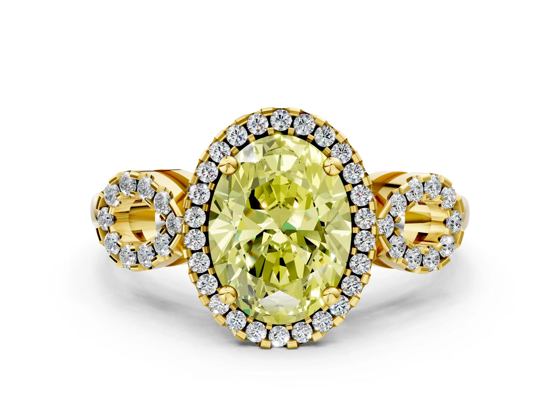 Yellow gold Fancy Yellow Oval Cut Cut Halo Diamond Infinity Band with Four-Prong Setting