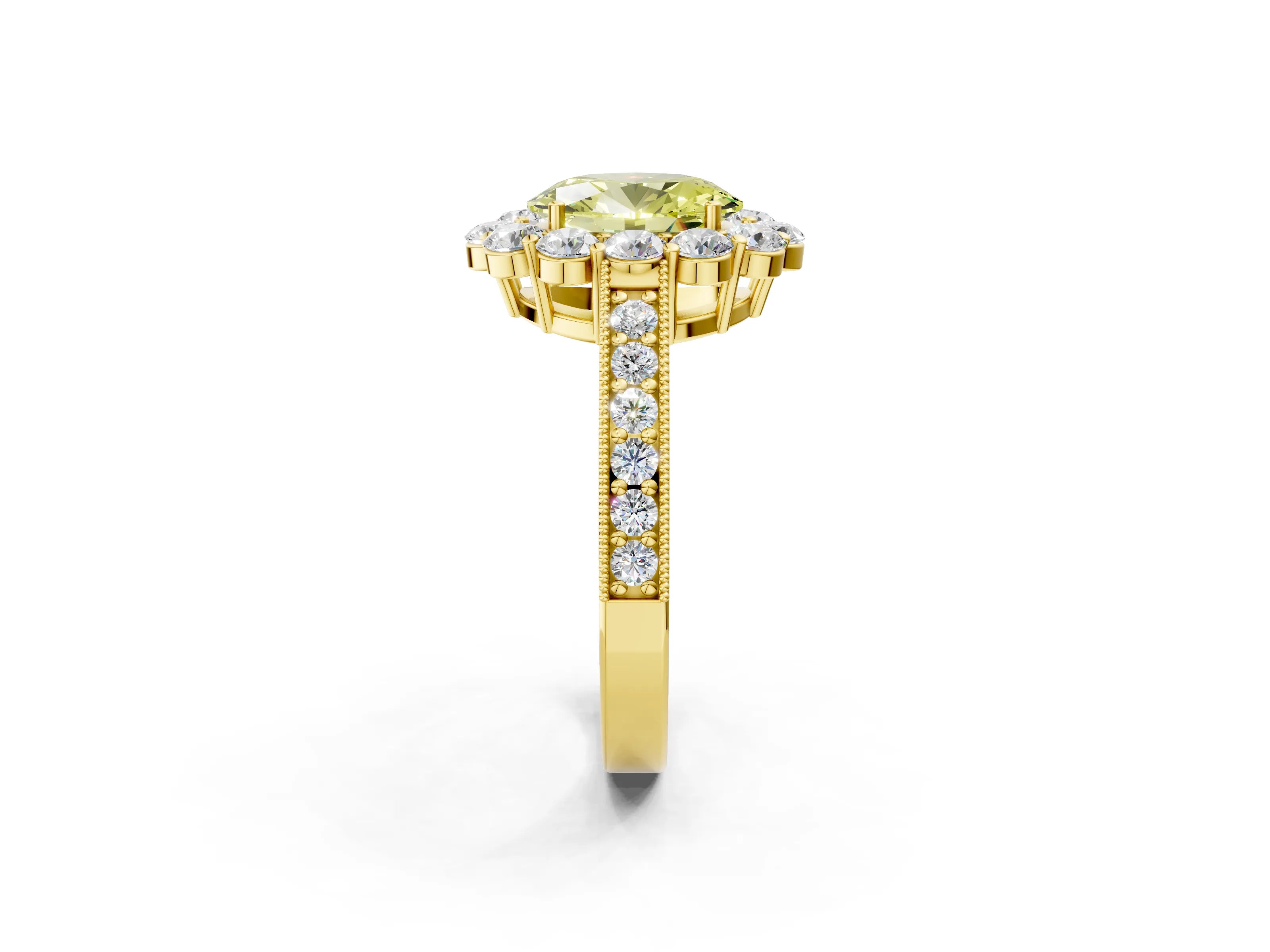 Yellow gold Fancy Yellow Oval Cut Cut Halo Diamond Pavé Engagement Ring with Milgrain Detailing_14