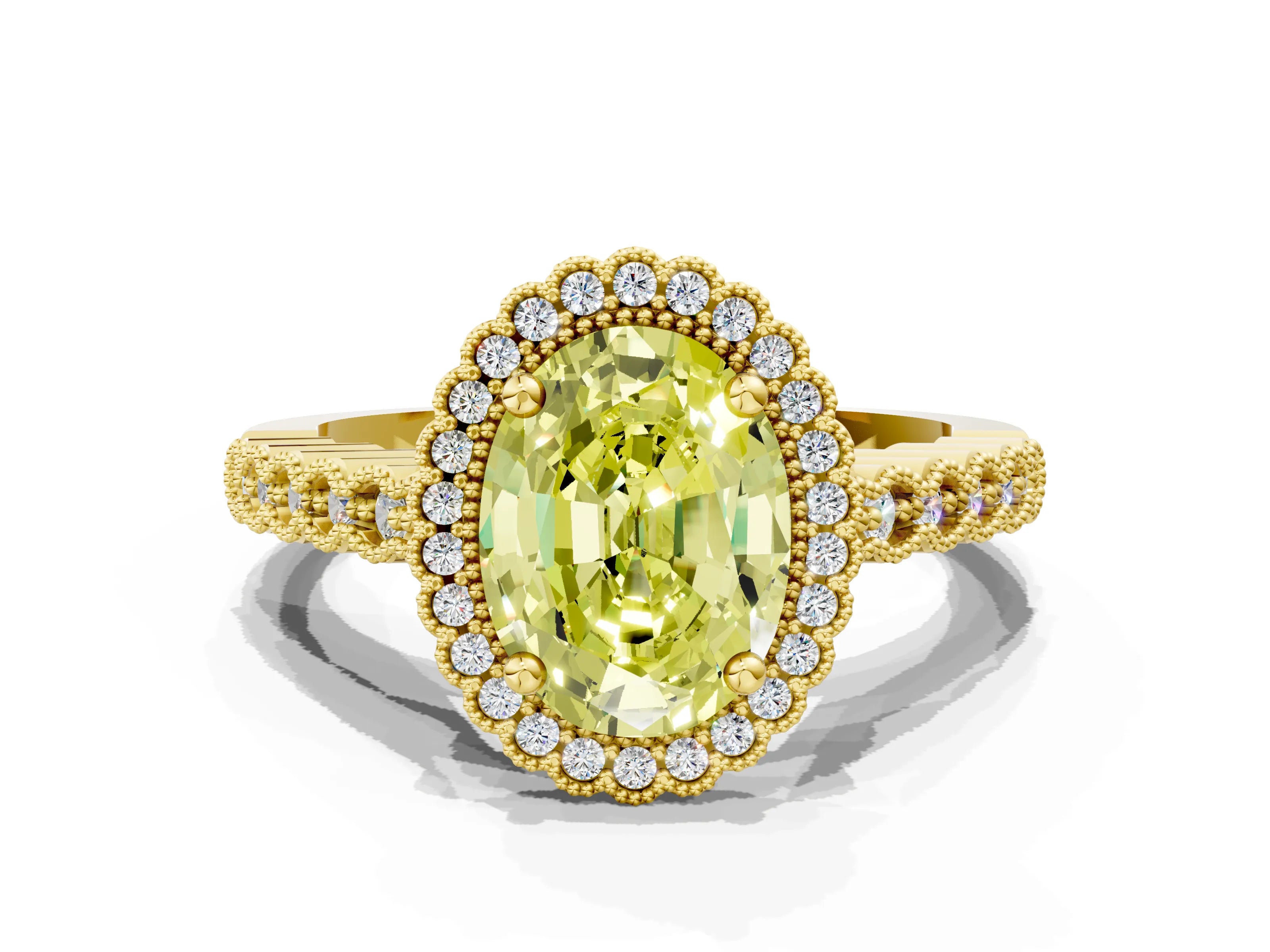 Yellow gold Fancy Yellow Oval Cut Cut Halo Pavé Solitaire Ring with Milgrain Band