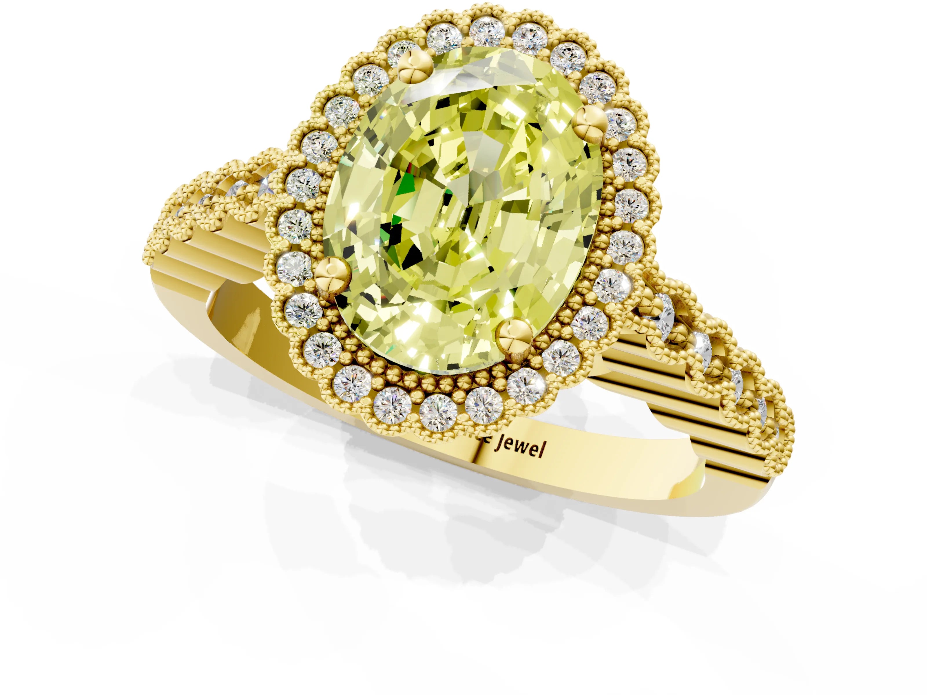 Yellow gold Fancy Yellow Oval Cut Cut Halo Pavé Solitaire Ring with Milgrain Band_1