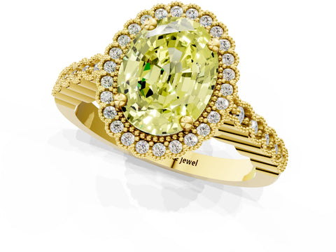 Yellow gold Fancy Yellow Oval Cut Cut Halo Pavé Solitaire Ring with Milgrain Band_1