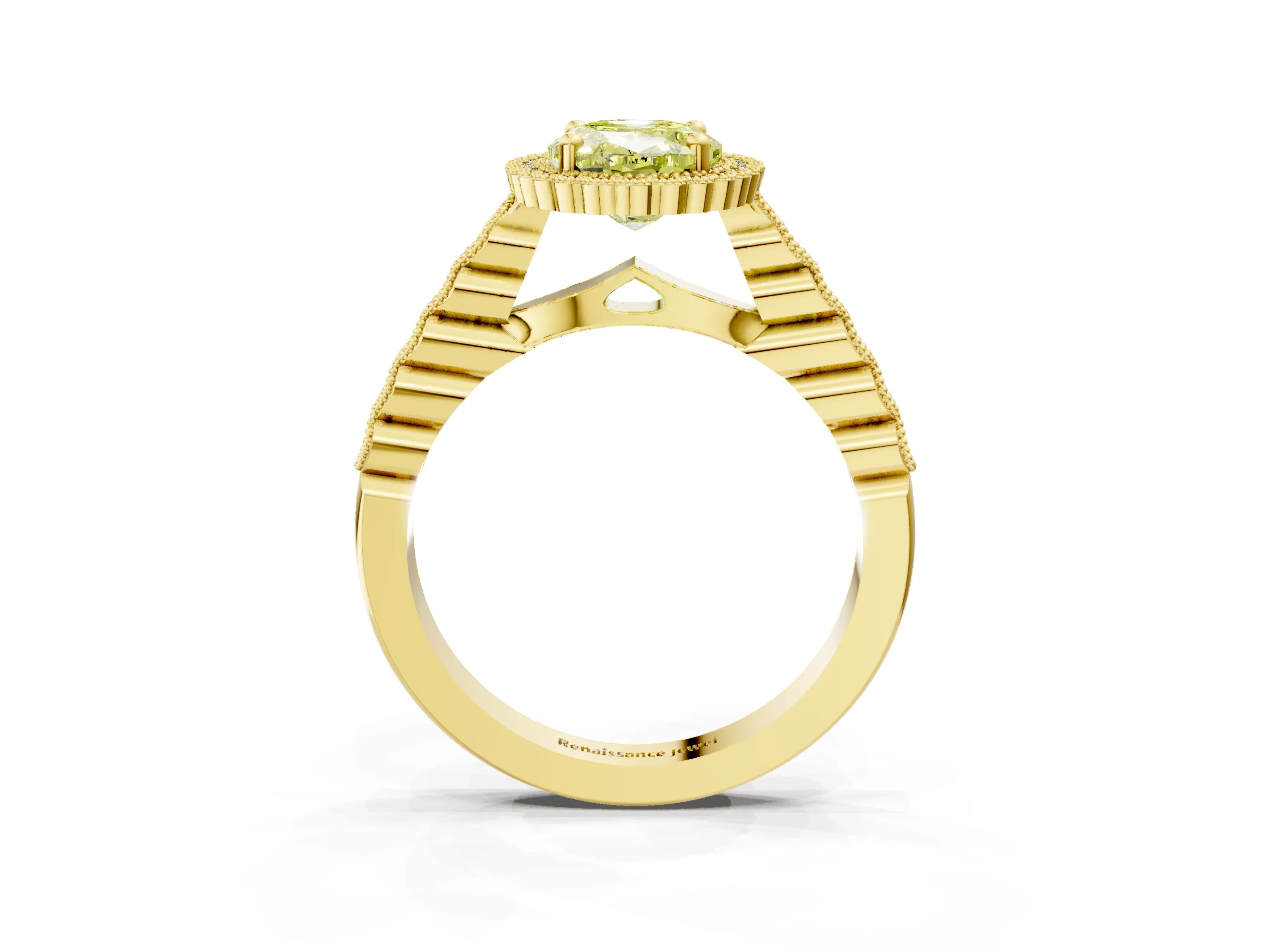 Yellow gold Fancy Yellow Oval Cut Cut Halo Pavé Solitaire Ring with Milgrain Band_3
