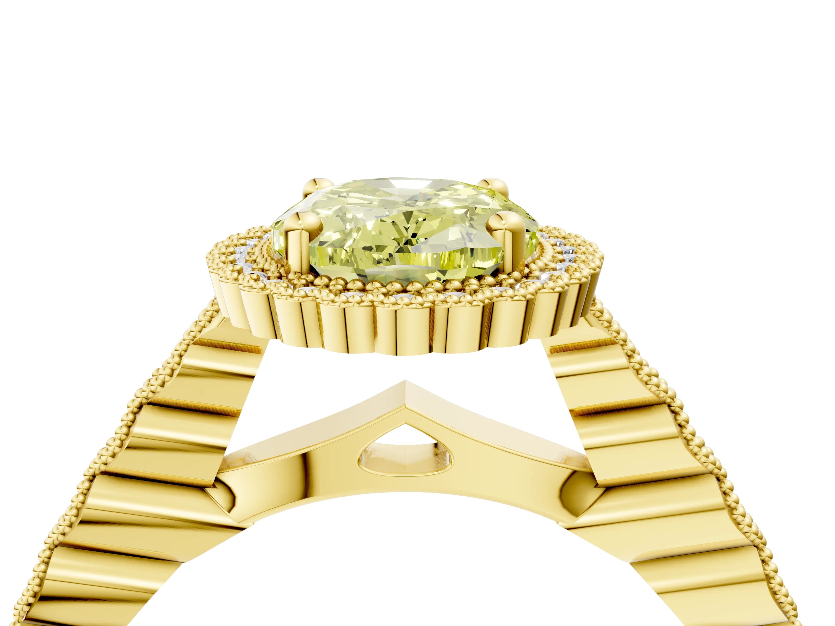 Yellow gold Fancy Yellow Oval Cut Cut Halo Pavé Solitaire Ring with Milgrain Band_4