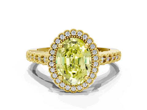 Yellow gold Fancy Yellow Oval Cut Cut Halo Pavé Solitaire Ring with Milgrain Band