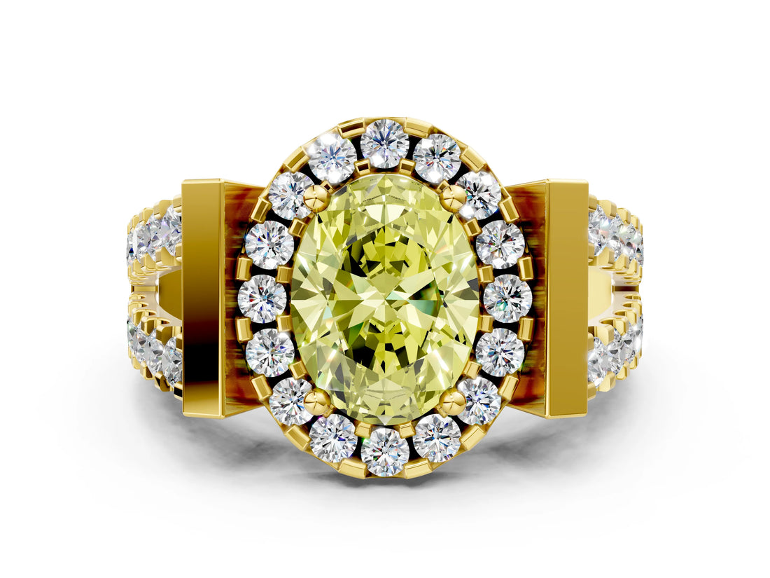 Yellow gold Fancy Yellow Oval Cut Cut Halo Split Shank Prong Set Ring
