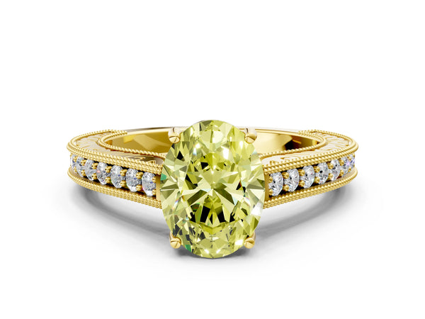 Yellow gold Fancy Yellow Oval Cut Cut Pave Band Milgrain Solitaire Ring