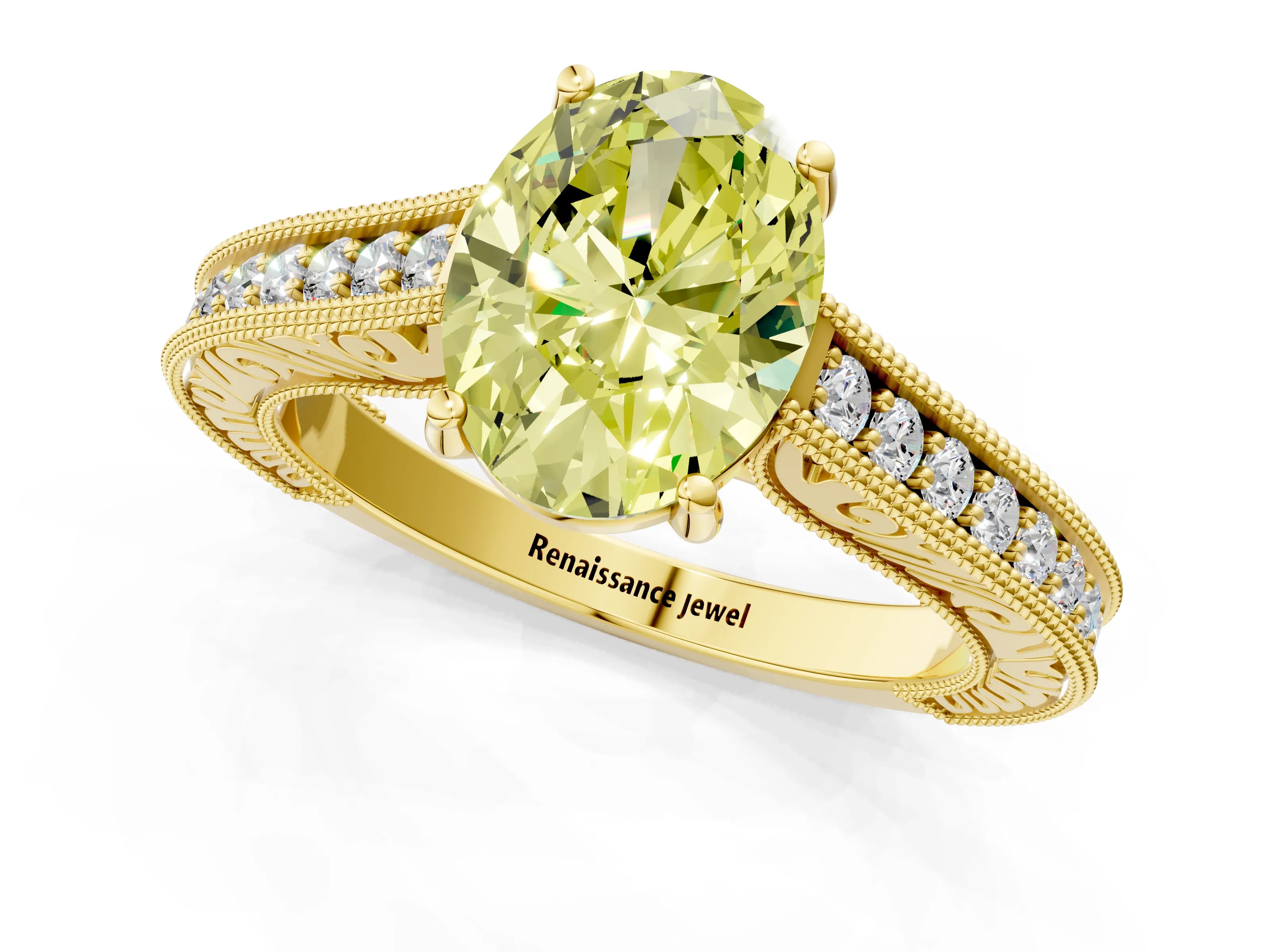 Yellow gold Fancy Yellow Oval Cut Cut Pave Band Milgrain Solitaire Ring_1