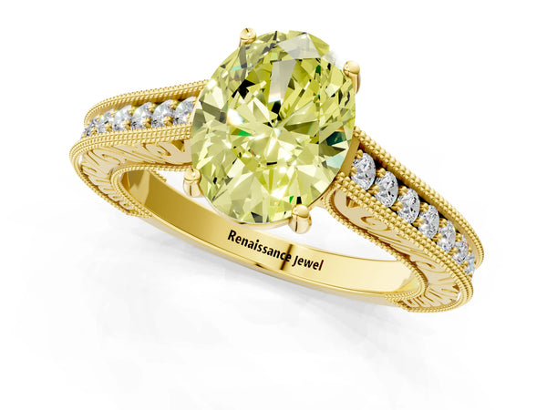 Yellow gold Fancy Yellow Oval Cut Cut Pave Band Milgrain Solitaire Ring