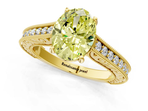Yellow gold Fancy Yellow Oval Cut Cut Pave Band Milgrain Solitaire Ring_1