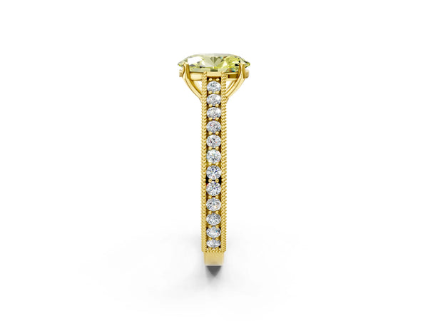 Yellow gold Fancy Yellow Oval Cut Cut Pave Band Milgrain Solitaire Ring