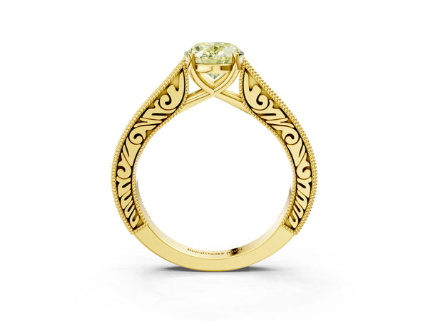 Yellow gold Fancy Yellow Oval Cut Cut Pave Band Milgrain Solitaire Ring