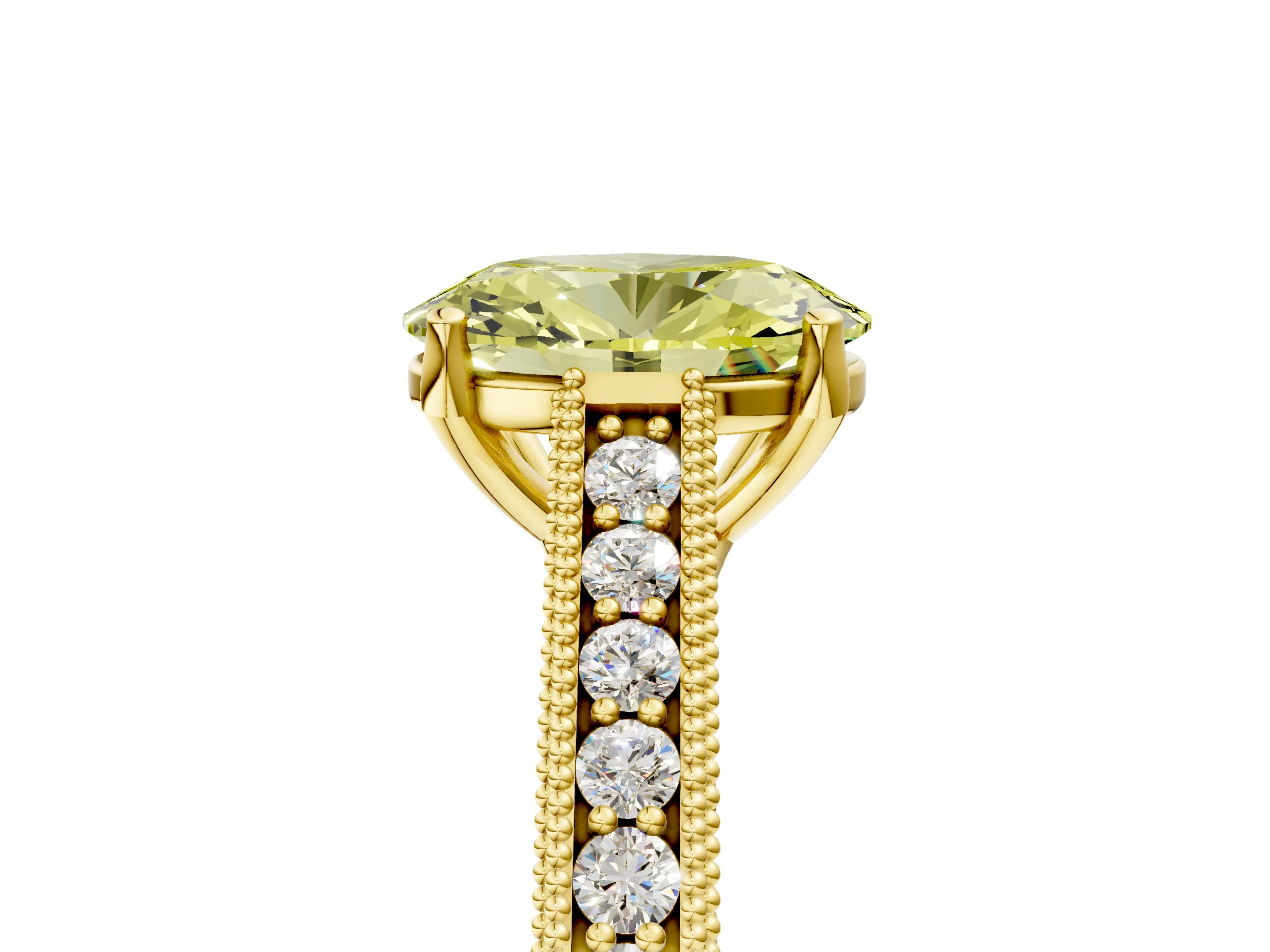 Yellow gold Fancy Yellow Oval Cut Cut Pave Band Milgrain Solitaire Ring_5