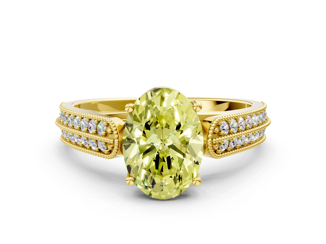 Yellow gold Fancy Yellow Oval Cut Cut Pave Split Shank Engagement Ring with Four-Prong Setting
