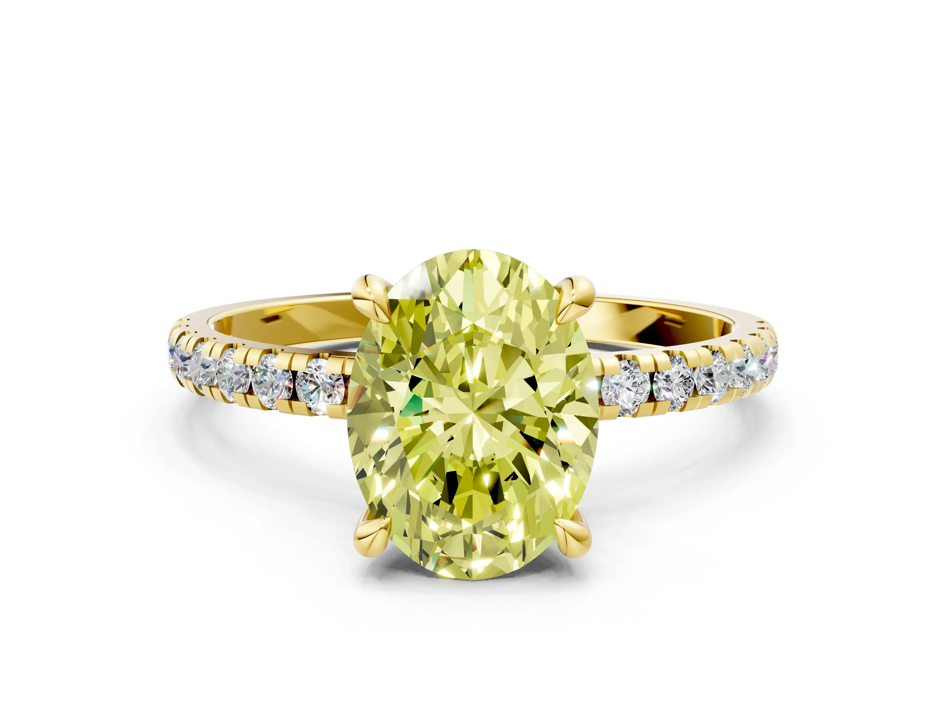 Yellow gold Fancy Yellow Oval Cut Diamond Brilliant Solitaire Ring with Pavé Band and Four-Prong Setting