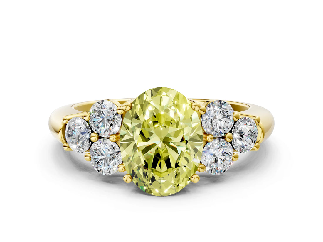 Yellow gold Fancy Yellow Oval  Cut Diamond Cluster Ring with Round Accent Stones and Prong Setting on a Classic Band_48