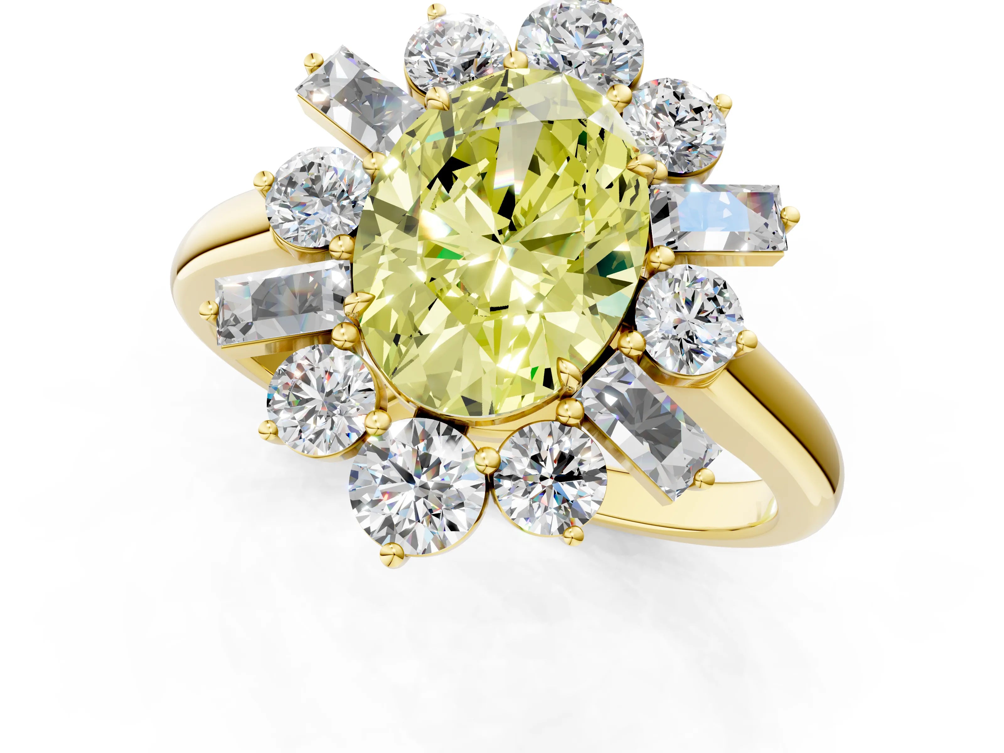 Yellow gold Fancy Yellow Oval Cut Diamond Cluster Ring with Round and Baguette Stones, Split Shank Band, Prong Setting_1