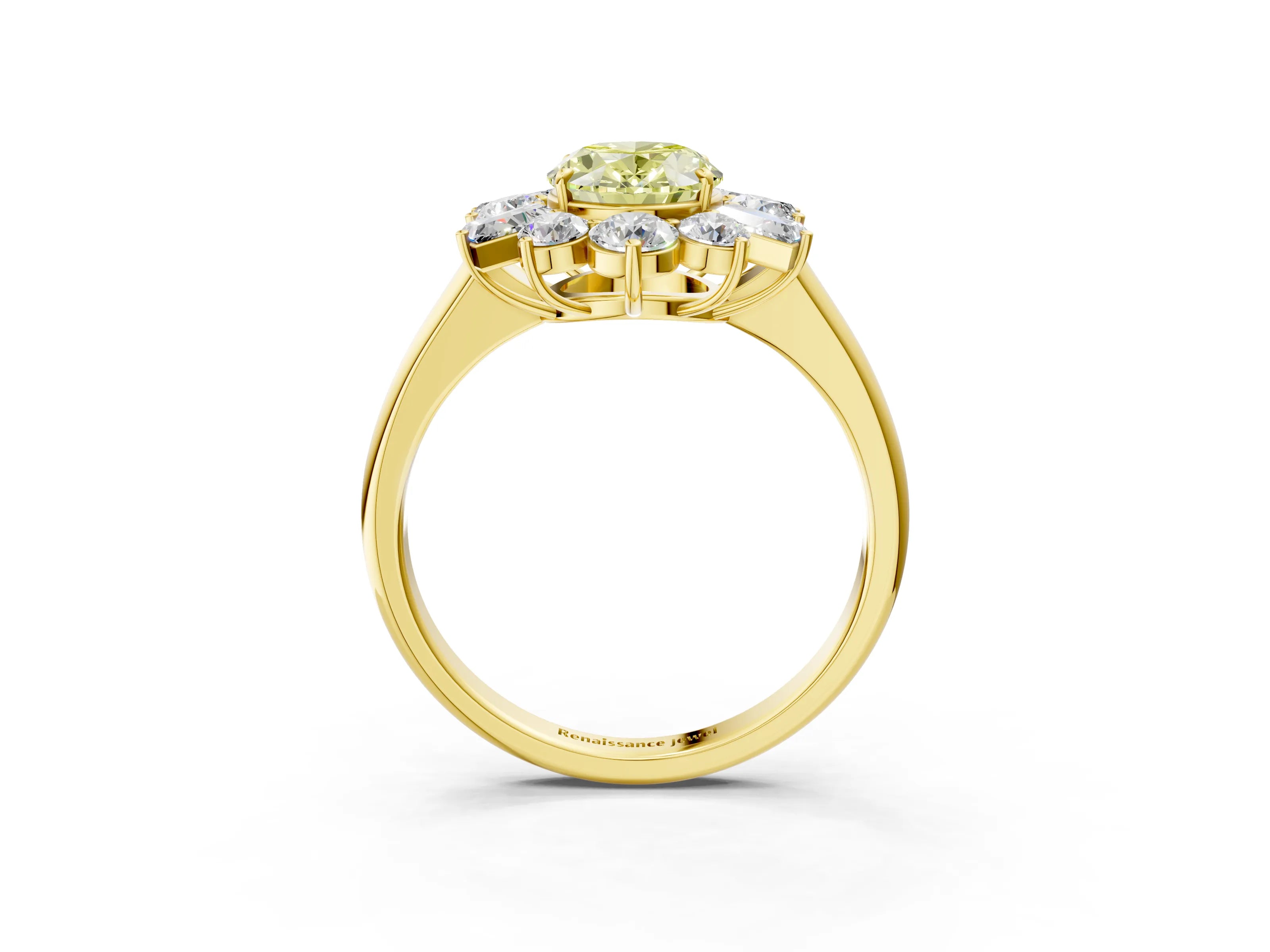 Yellow gold Fancy Yellow Oval Cut Diamond Cluster Ring with Round and Baguette Stones, Split Shank Band, Prong Setting_3