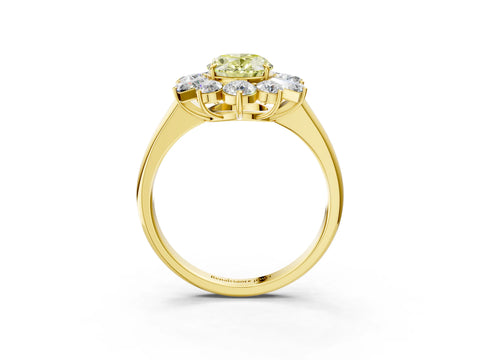 Yellow gold Fancy Yellow Oval Cut Diamond Cluster Ring with Round and Baguette Stones, Split Shank Band, Prong Setting_3