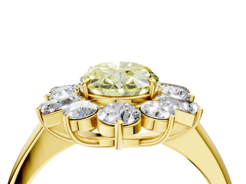 Yellow gold Fancy Yellow Oval Cut Diamond Cluster Ring with Round and Baguette Stones, Split Shank Band, Prong Setting_4