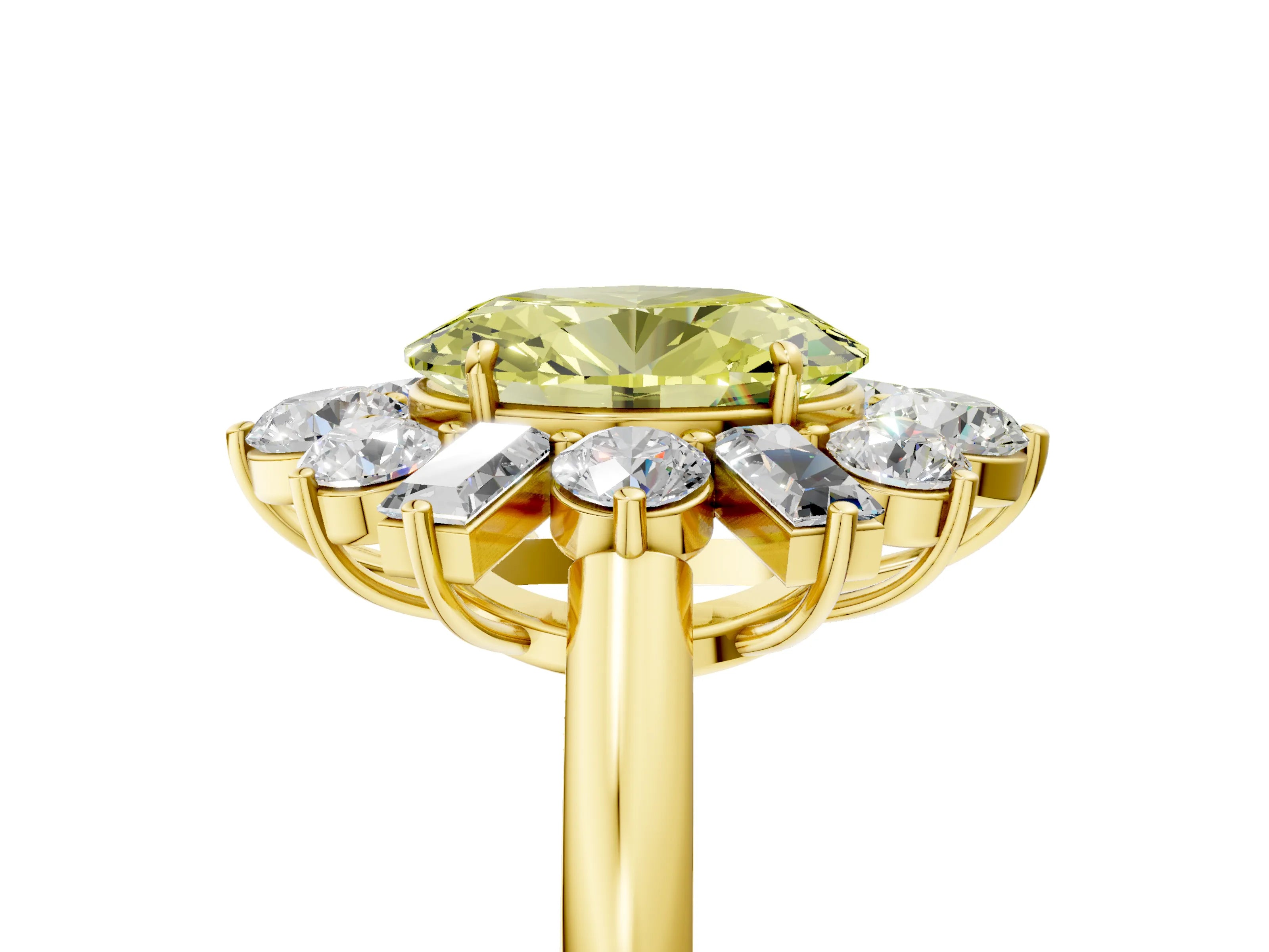 Yellow gold Fancy Yellow Oval Cut Diamond Cluster Ring with Round and Baguette Stones, Split Shank Band, Prong Setting_5