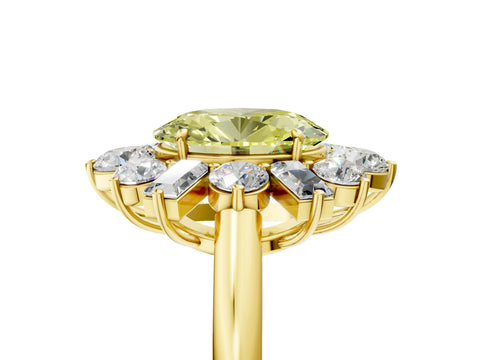 Yellow gold Fancy Yellow Oval Cut Diamond Cluster Ring with Round and Baguette Stones, Split Shank Band, Prong Setting_5