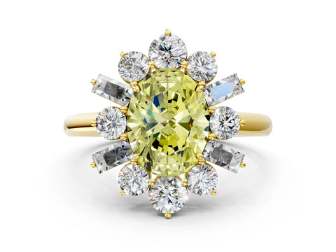 Yellow gold Fancy Yellow Oval Cut Diamond Cluster Ring with Round and Baguette Stones, Split Shank Band, Prong Setting