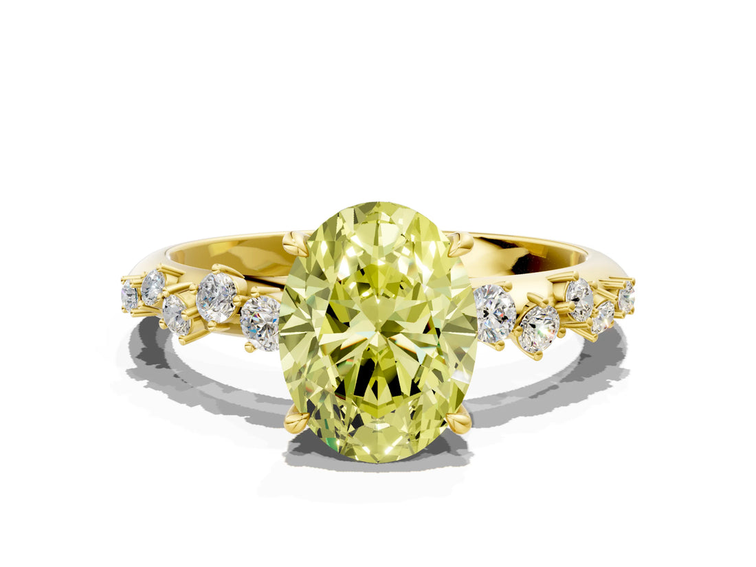 Yellow gold Fancy Yellow Oval Cut Diamond Cluster Side Stone Solitaire Ring with Prong Setting_85
