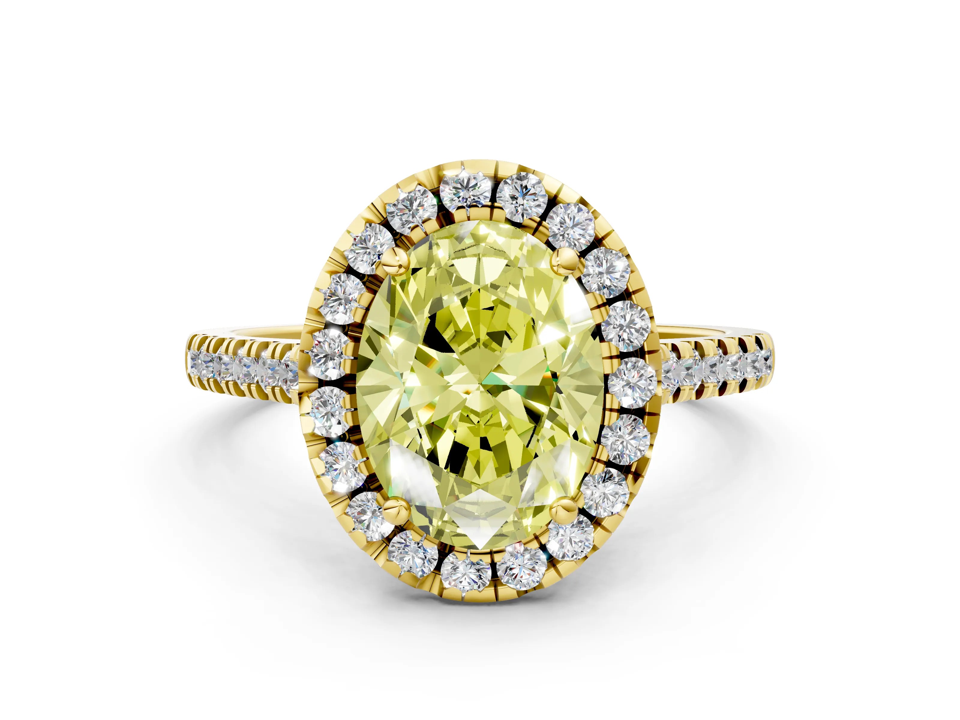 Yellow gold Fancy Yellow Oval Cut Diamond Cushion Halo Ring with Pavé Band