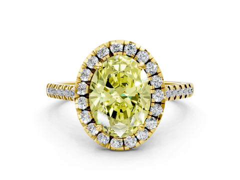 Yellow gold Fancy Yellow Oval Cut Diamond Cushion Halo Ring with Pavé Band