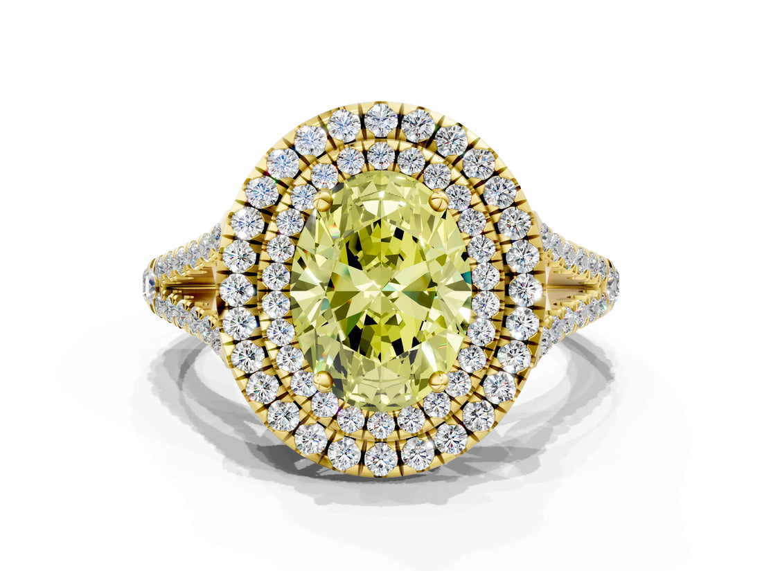 Yellow gold Fancy Yellow Oval Cut Diamond Double Halo Ring with Pavé Band and Prong Setting_59
