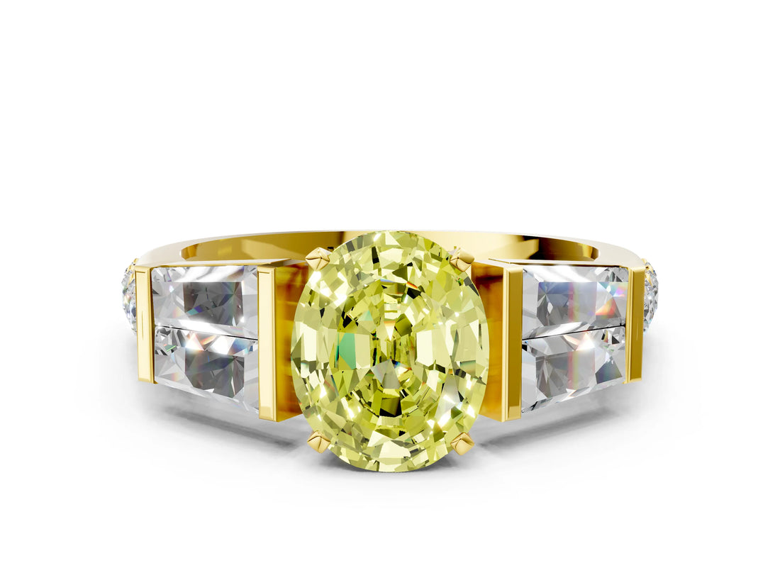 Yellow gold Fancy Yellow Oval Cut Diamond Engagement Ring with Baguette Side Stones and Channel Set Band_20