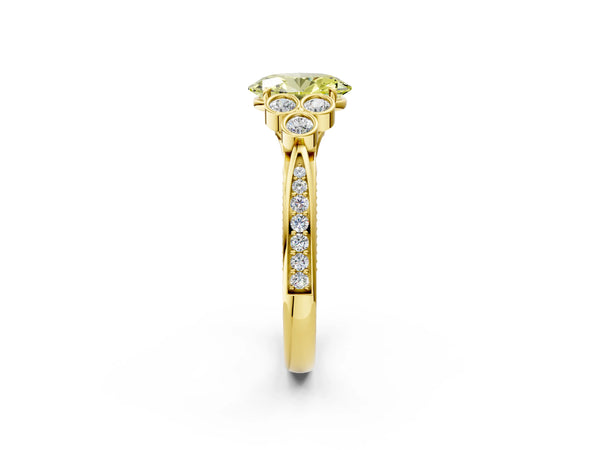Yellow Gold Oval Engagement Ring Setting for Fancy Yellow Center with Bezel-Set Shoulder Clusters