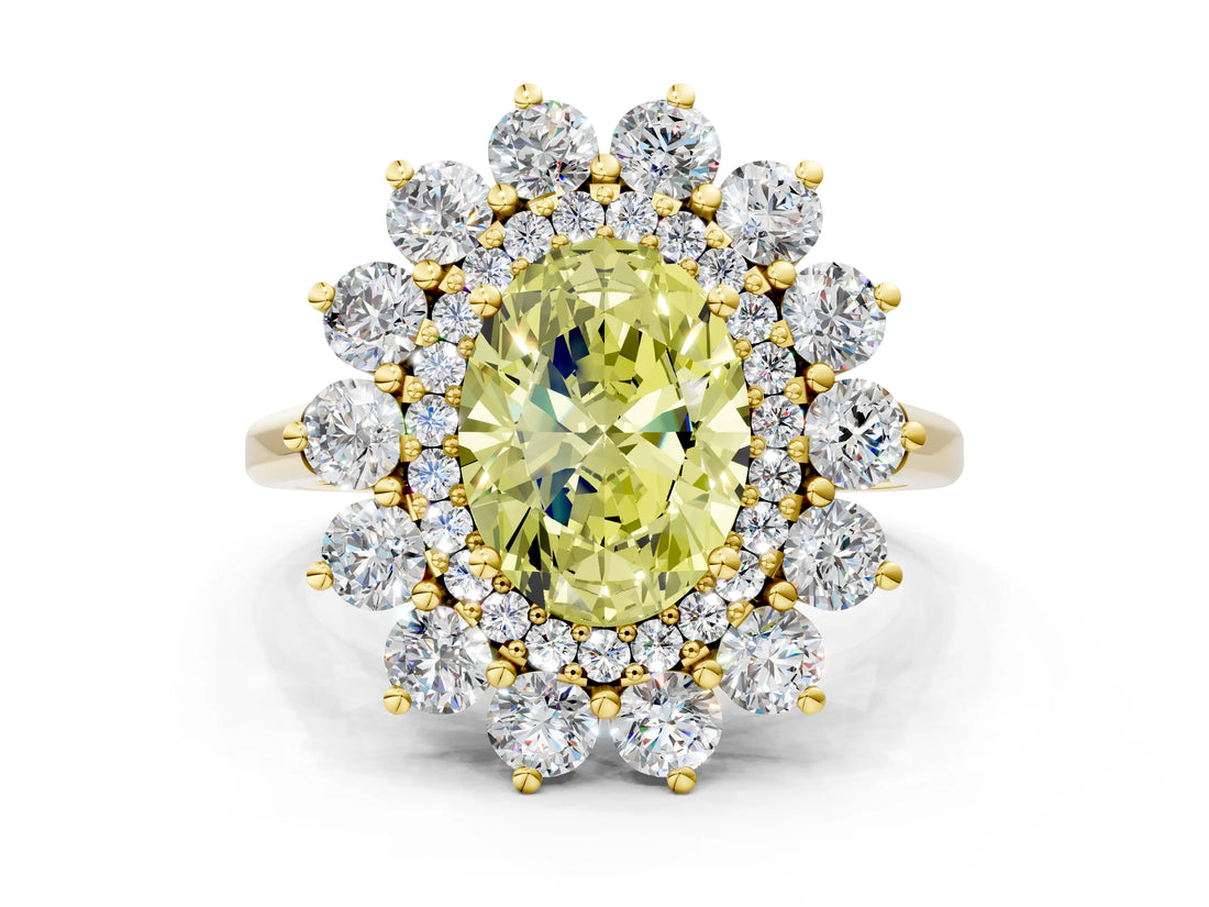 Yellow gold Fancy Yellow Oval Cut Diamond Floral Double Halo Engagement Ring with Prong Setting_24