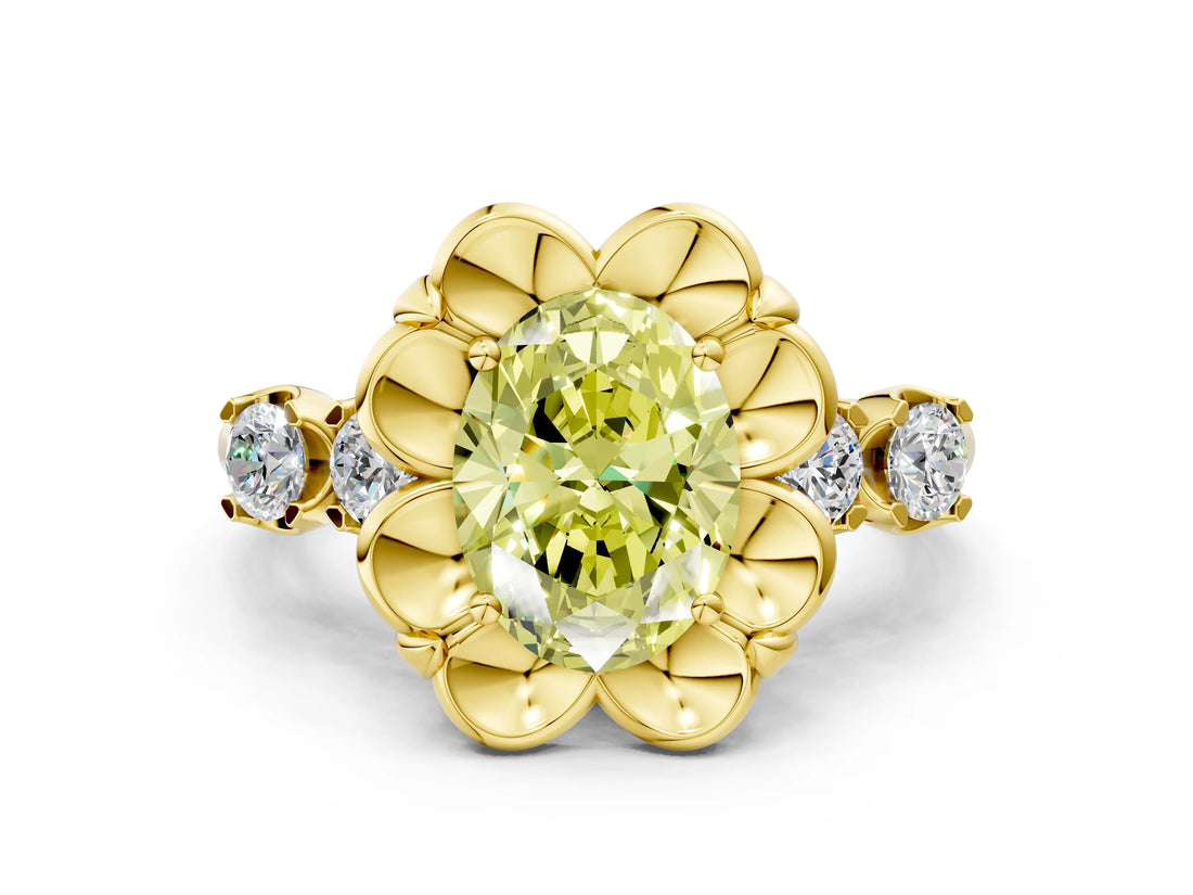 Yellow gold Fancy Yellow Oval  Cut Diamond Floral Halo Engagement Ring with Shared Prong Setting 1