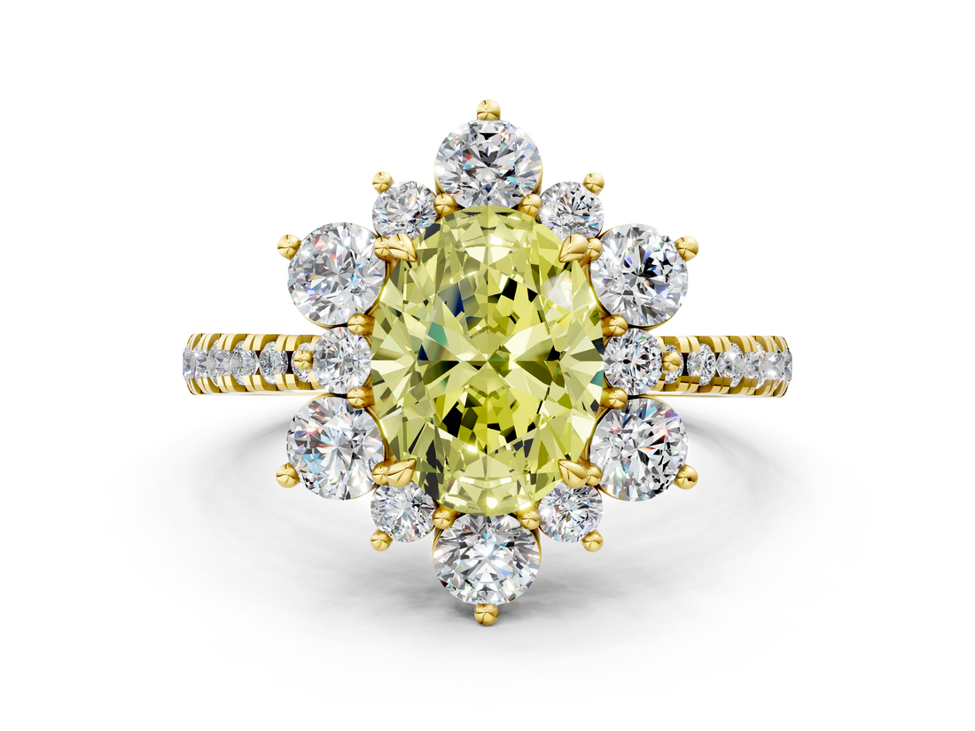 Yellow gold Fancy Yellow Oval  Cut Diamond Floral Halo Pave Band with Prong Setting_36